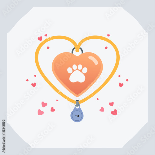 A heartwarming illustration of a dog collar with a heart-shaped tag featuring a paw print, symbolizing pet love and care