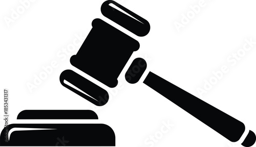 a simple black and white illustration depicts a classic gavel resting upon a sound block symbolizing justice and legal proceedings