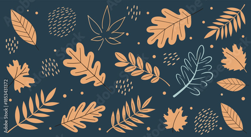A collection of hand-drawn autumn leaves and abstract shapes in an earthy color palette on a dark blue background.