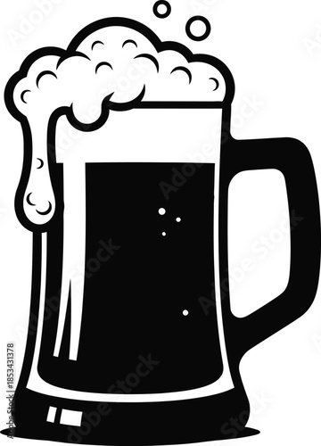 a black and white illustration depicts a full mug of dark beer with overflowing foam and bubbles suggesting refreshment high quality