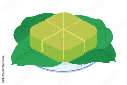 Traditional green rice cake wrapped in leaves on a plate.