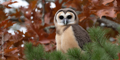 Wallpaper Mural Perched bird prey fall season birding seasonal tree branch owl wildlife animal nature forest autumn leaf brown leaves foliage colorful watching alert eye head beak feather natural light outdoors Torontodigital.ca