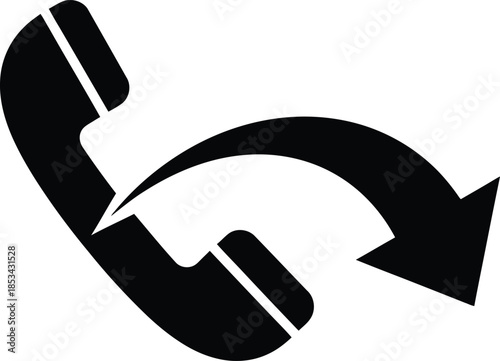 a minimalistic black and white illustration depicts a telephone handset with a curved arrow indicating call forwarding or redirection high quality