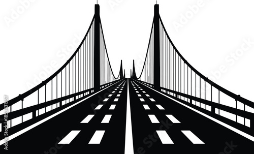 a striking black and white illustration depicts a symmetrical suspension bridge extending towards a vanishing point on a roadway high quality