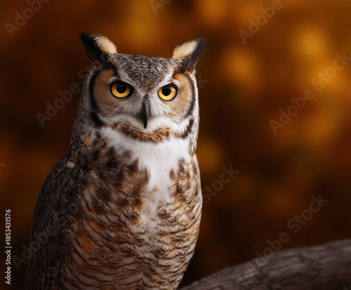 Wallpaper Mural Perched bird prey fall season birding seasonal tree branch owl wildlife animal nature forest autumn leaf brown leaves foliage colorful watching alert eye head beak feather natural light outdoors Torontodigital.ca