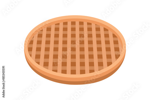 Illustration of a round, golden waffle on a white background.