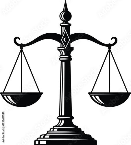 a vintage style illustration of scales of justice symbolizing legal fairness and balance depicted in a stark black and white aesthetic