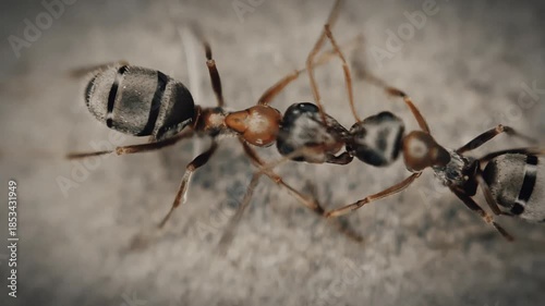 Two ants clasped their jaws and are fighting close-up macro 4K