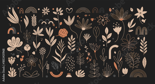 A large collection of hand-drawn bohemian-style floral elements, leaves, and abstract shapes in an earthy palette on a black background.