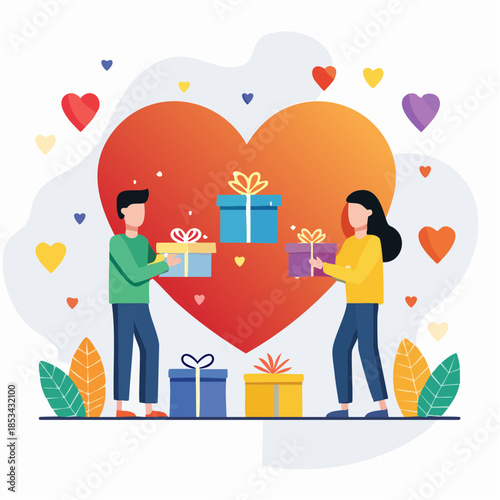 A couple exchanges gifts in front of a large heart, symbolizing love and generosity with colorful presents and vibrant decorations