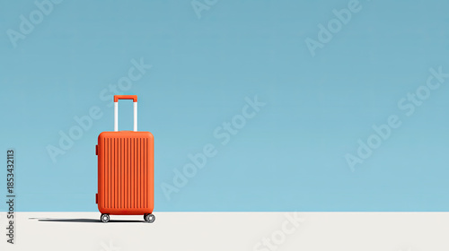 Orange suitcase on minimalist floor with calm sky