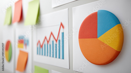 Colorful business charts and rising graph on office wall