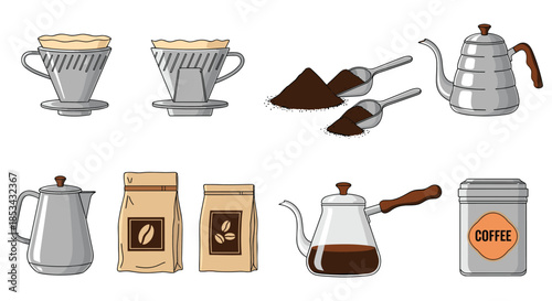 Set of vector icons showing various coffee brewing equipment and accessories including drippers, kettles, and coffee grounds.