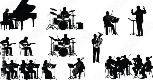 WebA detailed vector set of musical artist silhouettes playing various instruments like piano, drums, violin, and guitar for concert and orchestra designs.