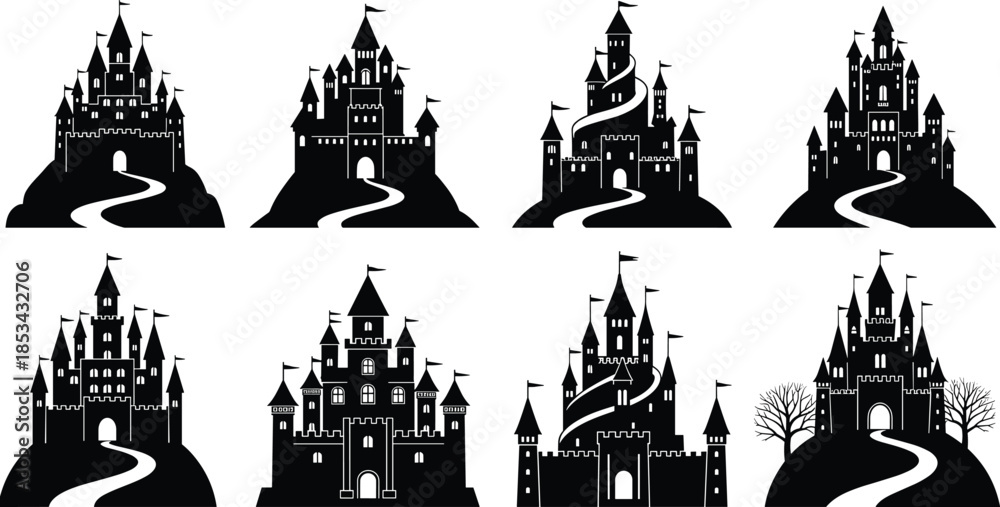 Fototapeta premium WebA diverse vector collection of twenty-one detailed black tree silhouettes representing various species like pine, oak, and fir for graphic design and architectural projects.
