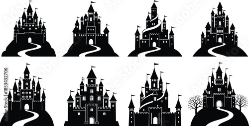 WebA diverse vector collection of twenty-one detailed black tree silhouettes representing various species like pine, oak, and fir for graphic design and architectural projects.