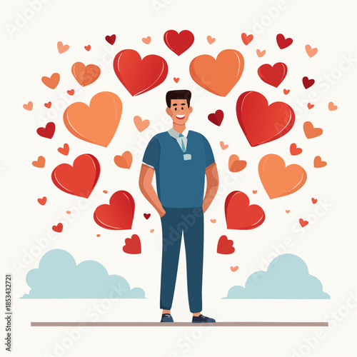 A smiling male healthcare professional stands confidently surrounded by a vibrant display of floating red and orange hearts and fluffy clouds