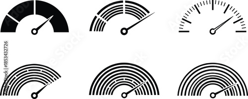 Abstract speedometer gauge icons set, black and white dashboard meter indicators for performance, progress, measurement, technology, user interface design vector illustration