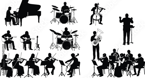 WebA detailed vector set of musical artist silhouettes playing various instruments like piano, drums, violin, and guitar for concert and orchestra designs.