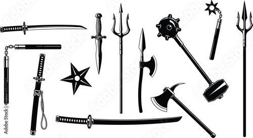 Black and white medieval ninja weapons collection, swords, axes, maces, tridents, stars, martial arts combat tools vector illustration