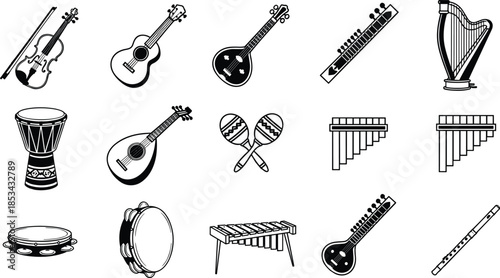 Black and white musical instruments icon set, string, percussion, wind instruments collection for education, music studio, orchestra, folk sound vector