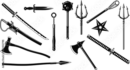 Black and white ninja and medieval weapons set, swords, daggers, axes, maces, tridents, throwing stars, martial arts combat vector