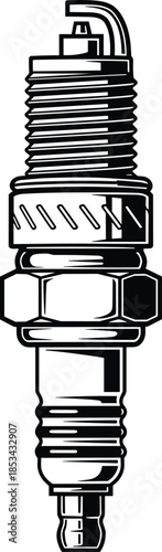 Detailed automotive spark plug illustration in black and white, mechanical engine ignition component vector for vehicle repair industry technical design artwork