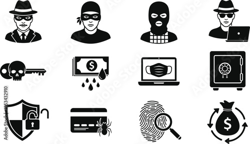 Cybersecurity crime and digital fraud icons set showing hackers malware ransomware data theft identity protection and financial cyber risk concepts