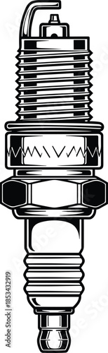 Detailed automotive spark plug illustration in black and white, mechanical engine ignition component vector for vehicle repair industry technical design