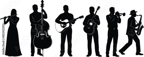 Detailed vector silhouettes of musicians playing various instruments including flute, double bass, acoustic guitar, trumpet, and saxophone, perfect for music-themed graphic design and promotional