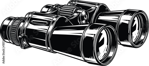 Detailed black and white binoculars illustration featuring professional optical equipment for wildlife observation surveillance birdwatching travel outdoor exploration adventure vector