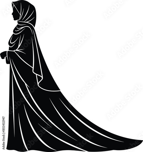 Elegant modest woman silhouette wearing flowing abaya and hijab, minimalist black and white Islamic fashion illustration, graceful female figure artwork