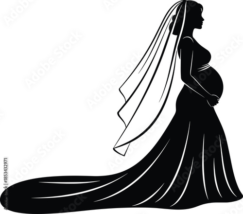 Elegant pregnant bride silhouette wearing flowing wedding gown and veil, black and white minimalist illustration symbolizing motherhood love family celebration
