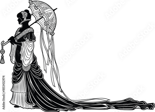Elegant Victorian woman silhouette holding ornate parasol, detailed black and white line art illustration of classic historical fashion grace timeless elegance