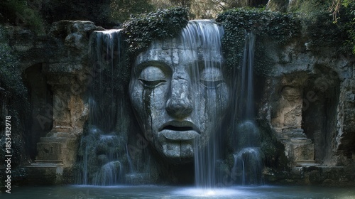 Waterfall emerging from a colossal, ancient stone face, water like tears, mystical ruins overgrown with vines
