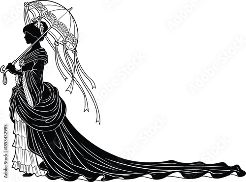 Elegant vintage woman silhouette holding decorative parasol wearing flowing Victorian dress, black and white line art illustration, classic fashion elegance