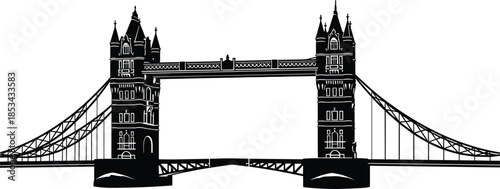 London Tower Bridge silhouette with iconic twin towers, bascule span, suspension elements, historic architecture, and landmark structure vector art.