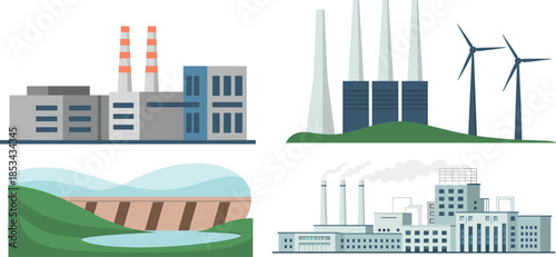 Flat industrial energy illustration set, power plants factories wind turbines dam, electricity generation landscape, environmental and industrial infrastructure concept