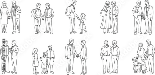 Line art illustration set of diverse families, parents and children interacting in everyday scenes, perfect for lifestyle, community, and relationship themes