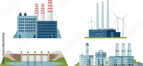Flat industrial energy illustration set, power plants factories wind turbines dam, electricity generation landscape, environmental and industrial infrastructure concept