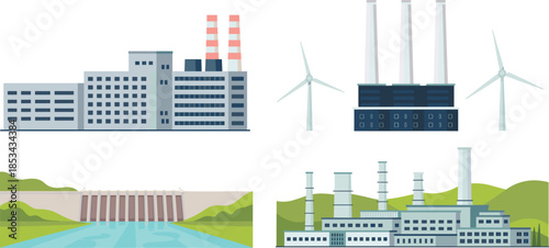 Flat industrial energy illustration set, power plants factories wind turbines dam, electricity generation landscape, environmental and industrial infrastructure concept