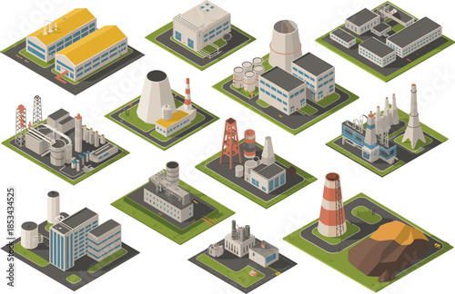 Isometric industrial factory buildings illustration set, manufacturing plants power stations warehouses, heavy industry infrastructure, production facilities, vector design collection