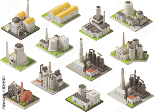 Isometric industrial factory buildings illustration set, manufacturing plants power stations warehouses, heavy industry infrastructure, production facilities, vector design collection