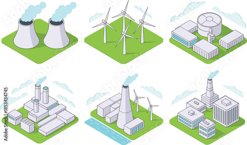 Isometric power generation plants illustration set, nuclear wind thermal energy facilities, electricity production industry, sustainable and industrial energy concepts