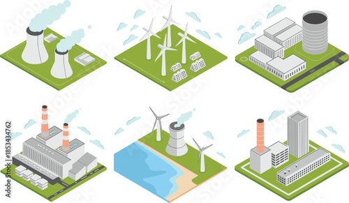 Isometric power generation plants illustration set, nuclear wind thermal energy facilities, electricity production industry, sustainable and industrial energy concepts