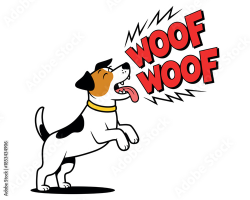 A cartoon dog is barking loudly with "Woof Woof" written in comic book style.