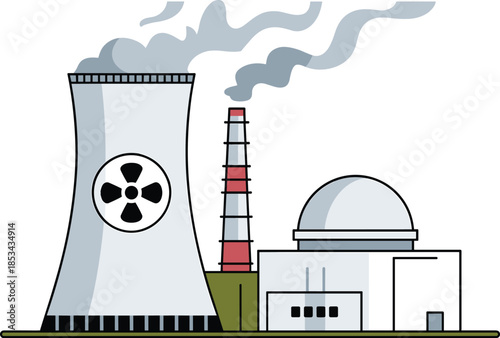Nuclear power plant illustration, atomic energy facility with cooling towers, electricity generation concept, industrial energy production, flat vector design isolated