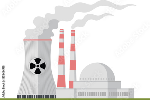 Nuclear power plant illustration, atomic energy facility with cooling towers, electricity generation concept, industrial energy production, flat vector design isolated
