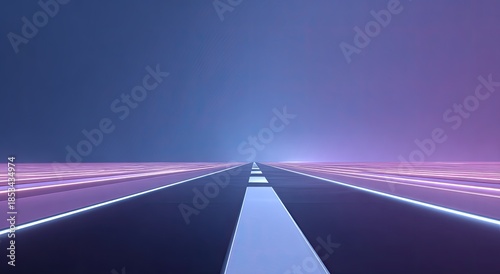 Endless highway stretching into a neon-lit horizon under a twilight sky