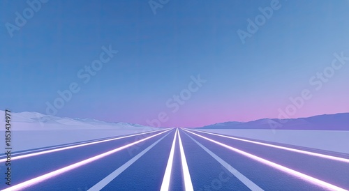 Neon-lit highway stretches towards a glowing horizon under a gradient sky